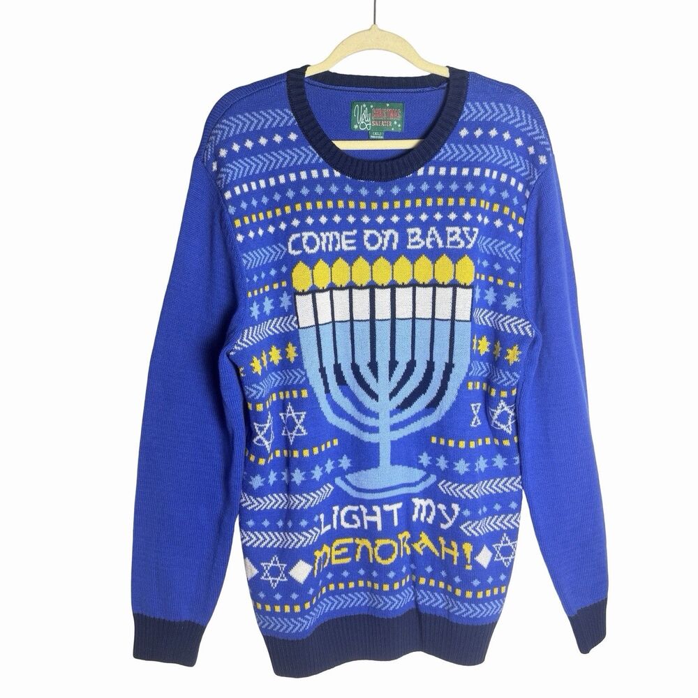 Ugly Christmas Sweater Blue Light My Menorah Hannukah Mens XL Blue Jewish